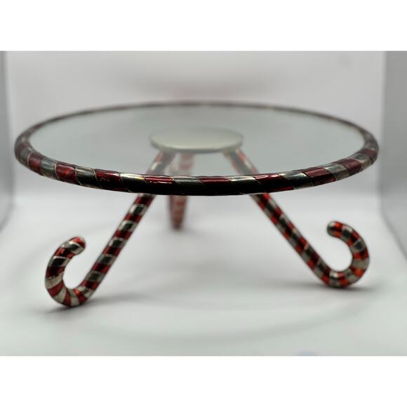 Festive Candy Cane Metal & Glass Holiday Cake Stand / Riser – 12” Round - Picture 8 of 9